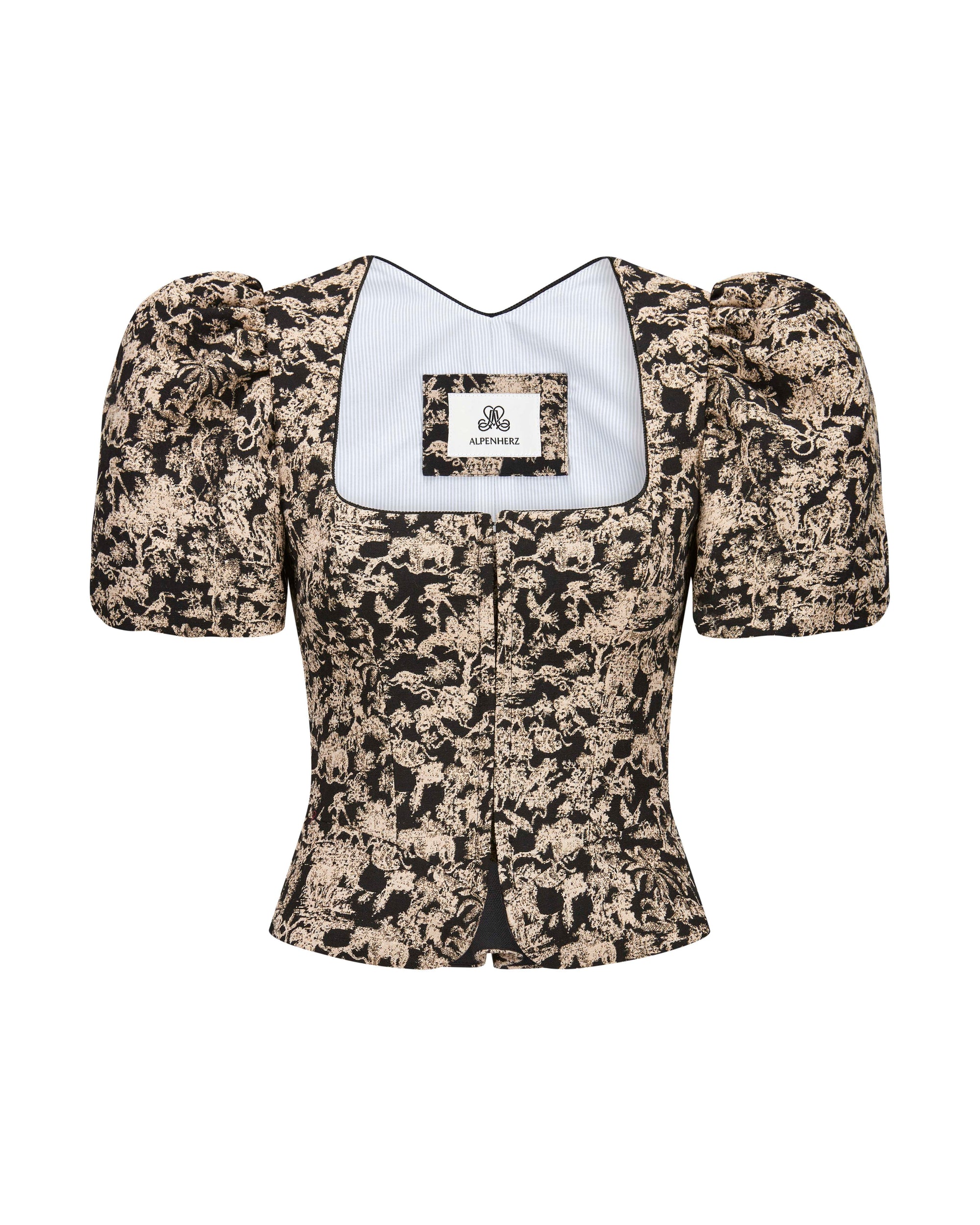 Tracht Mieder mit abnehmbarem Puffarm in floralem Muster von vorne.